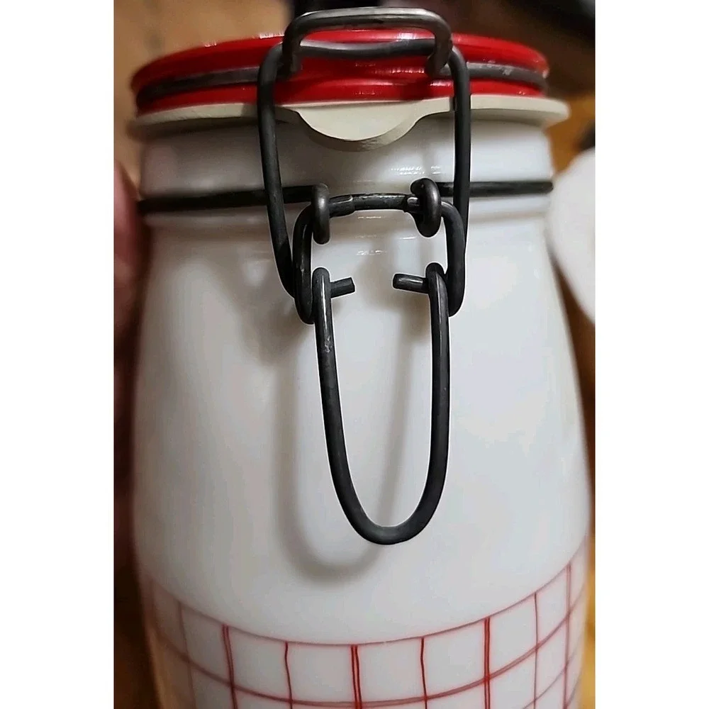 Vintage MCM Deco Wheaton Milk Glass Sugar Canister Red Grid 1.5L Red‎ Lid